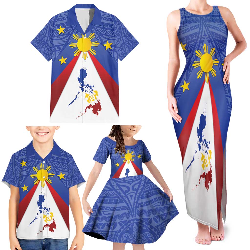 Personalized Pilipinas Eight-Rayed Sun Family Matching Tank Maxi Dress and Hawaiian Shirt Philippines Map With Polynesian Style