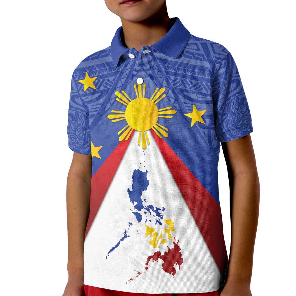 Personalized Pilipinas Eight-Rayed Sun Kid Polo Shirt Philippines Map With Polynesian Style LT9 Kid Blue - Polynesian Pride