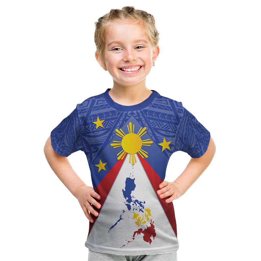 Personalized Pilipinas Eight-Rayed Sun Kid T Shirt Philippines Map With Polynesian Style LT9 Blue - Polynesian Pride