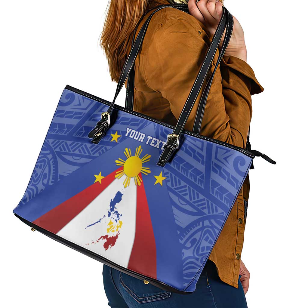 Personalized Pilipinas Eight-Rayed Sun Leather Tote Bag Philippines Map With Polynesian Style