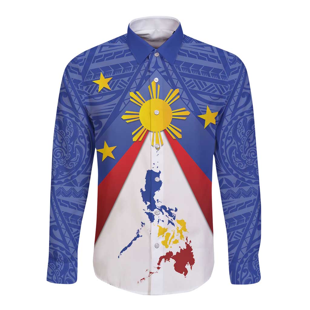 Personalized Pilipinas Eight-Rayed Sun Long Sleeve Button Shirt Philippines Map With Polynesian Style LT9 Unisex Blue - Polynesian Pride
