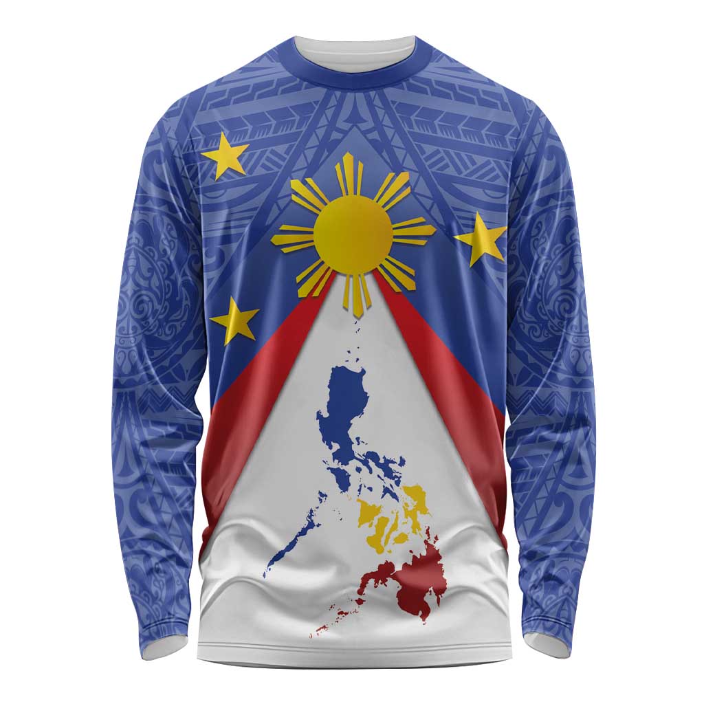 Personalized Pilipinas Eight-Rayed Sun Long Sleeve Shirt Philippines Map With Polynesian Style
