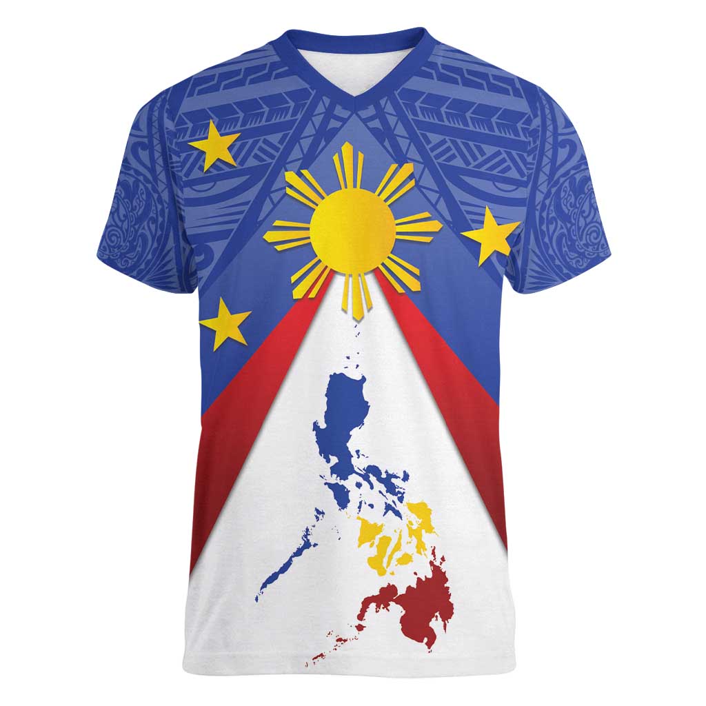 Personalized Pilipinas Eight-Rayed Sun Women V-Neck T-Shirt Philippines Map With Polynesian Style