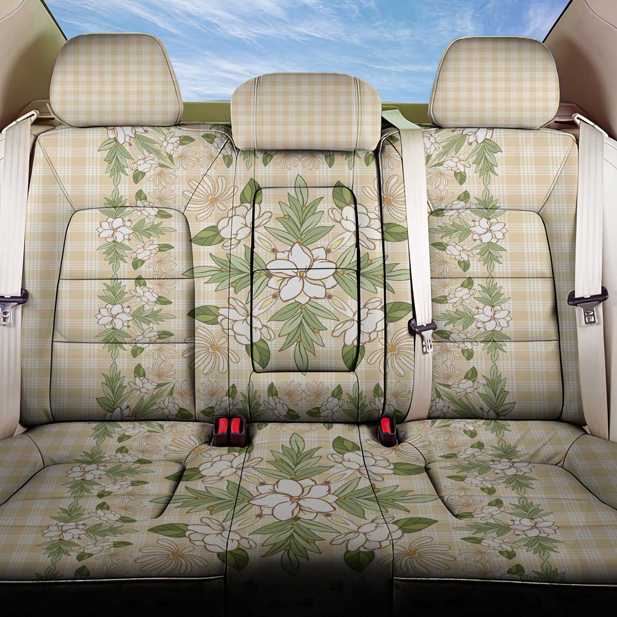 Squares Maile Leaf Back Car Seat Cover Beige Palaka Hawaiian Quilt Pattern LT9 One Size Beige - Polynesian Pride