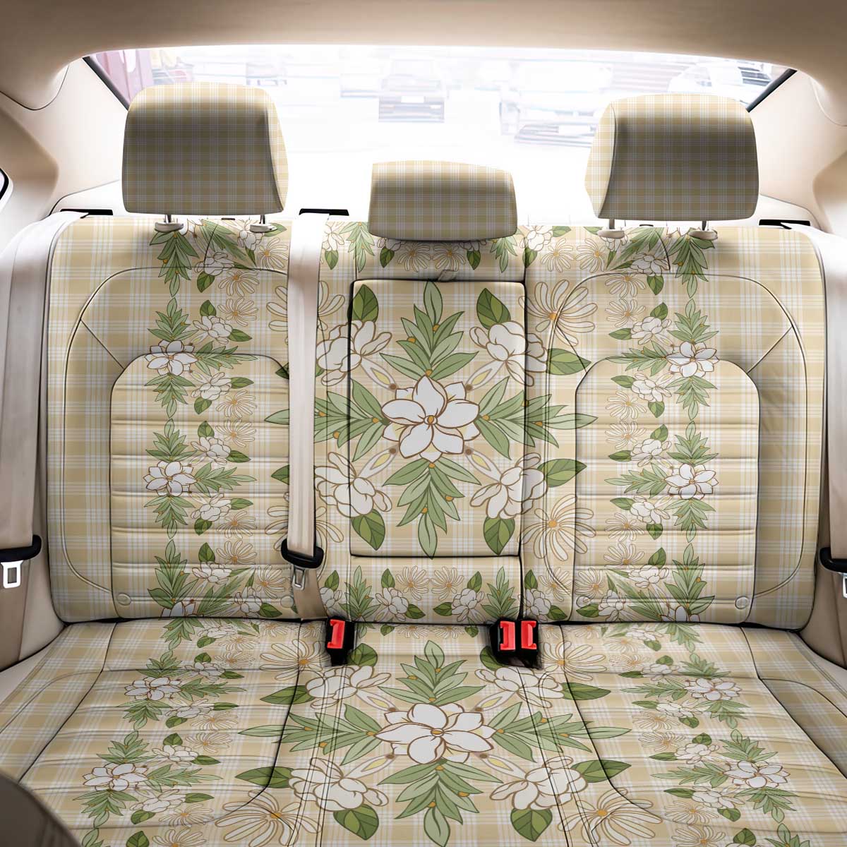 Squares Maile Leaf Back Car Seat Cover Beige Palaka Hawaiian Quilt Pattern LT9 - Polynesian Pride