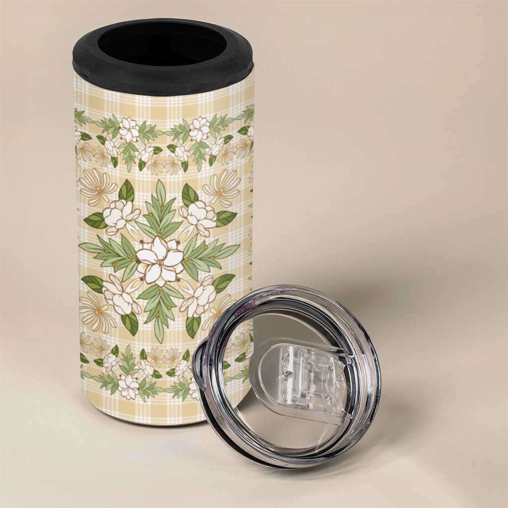 Squares Maile Leaf 4 in 1 Can Cooler Tumbler Beige Palaka Hawaiian Quilt Pattern - Polynesian Pride
