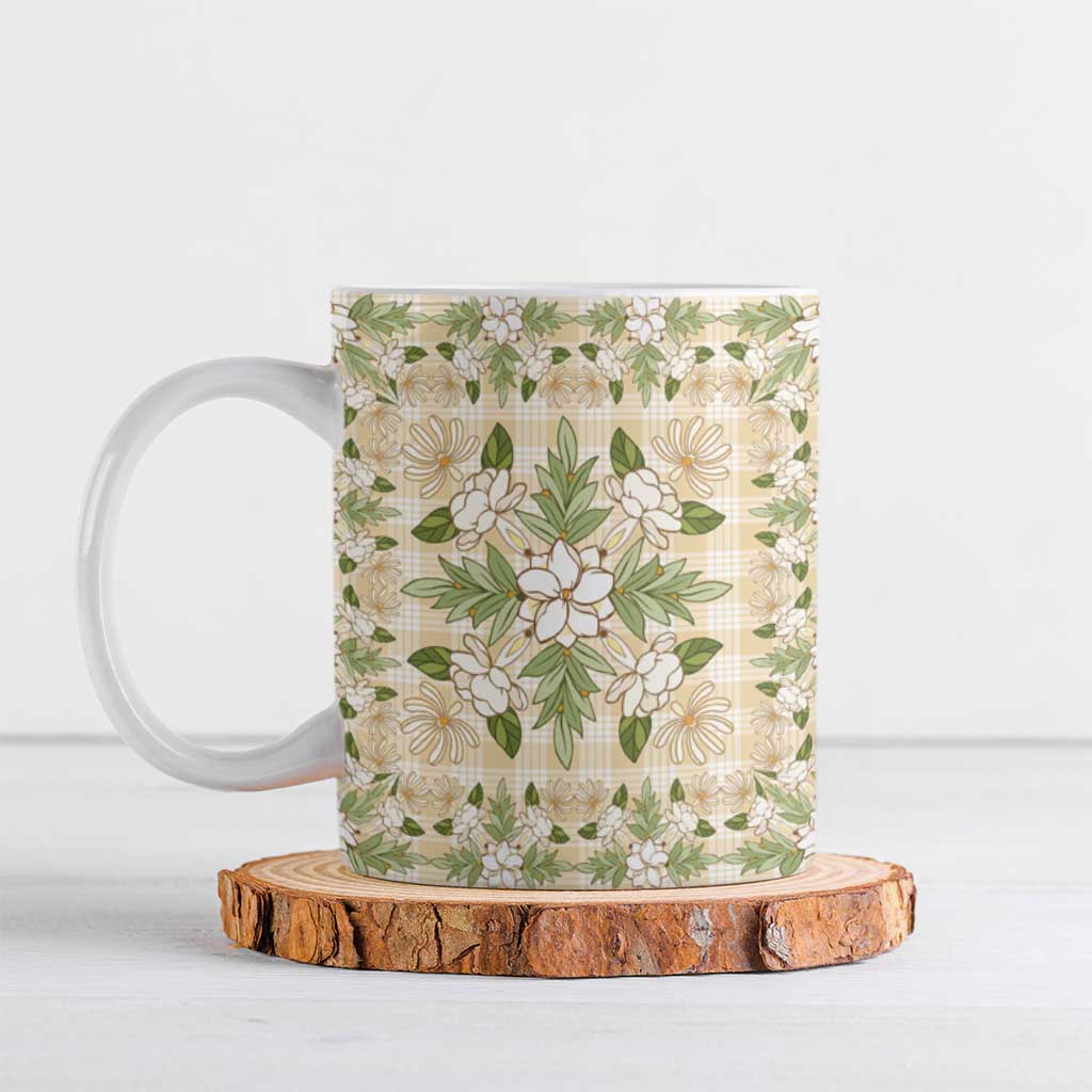 Squares Maile Leaf Ceramic Mug Beige Palaka Hawaiian Quilt Pattern LT9 Beige - Polynesian Pride