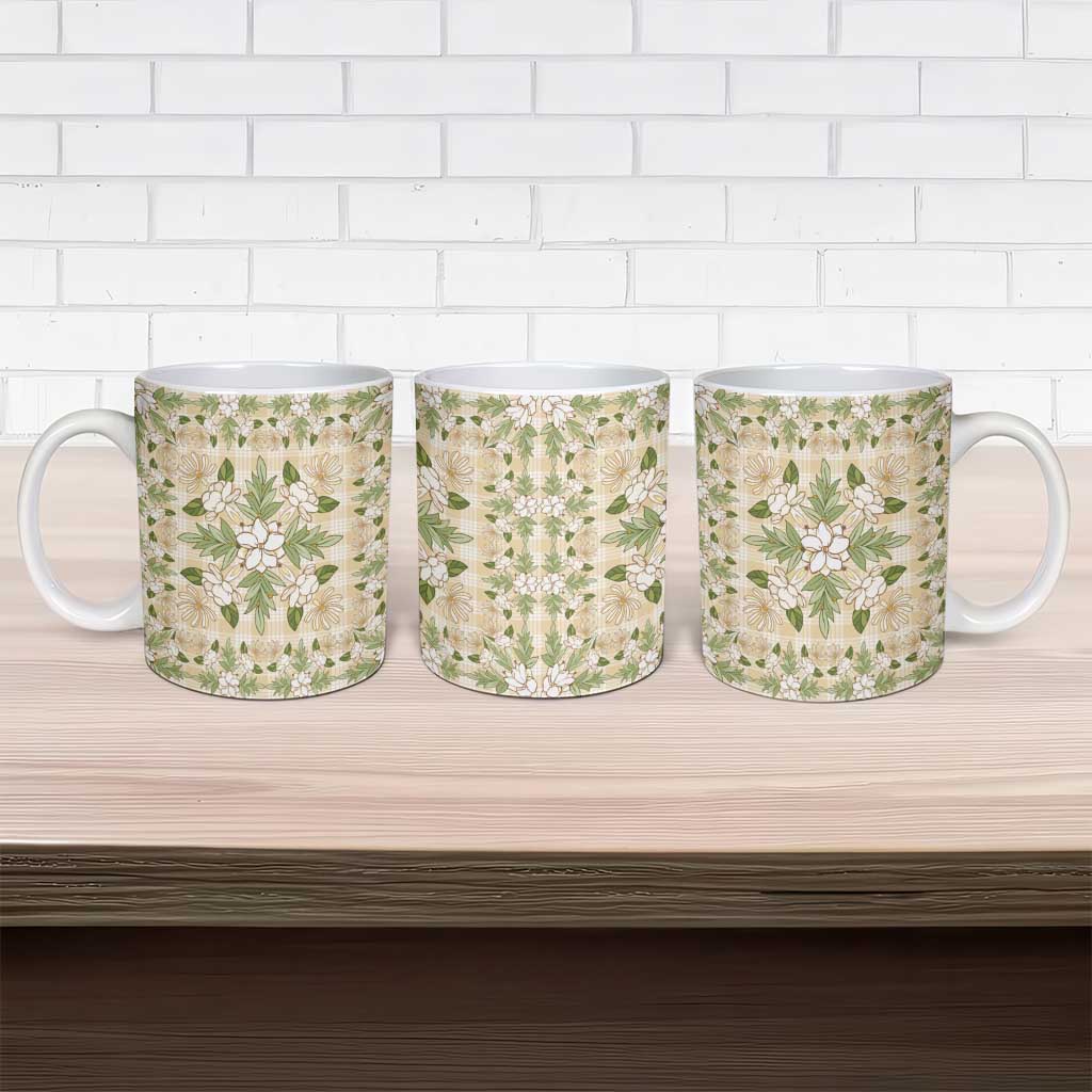 Squares Maile Leaf Ceramic Mug Beige Palaka Hawaiian Quilt Pattern LT9 - Polynesian Pride