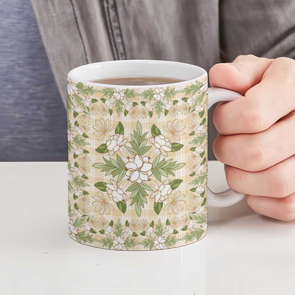 Squares Maile Leaf Ceramic Mug Beige Palaka Hawaiian Quilt Pattern LT9 - Polynesian Pride