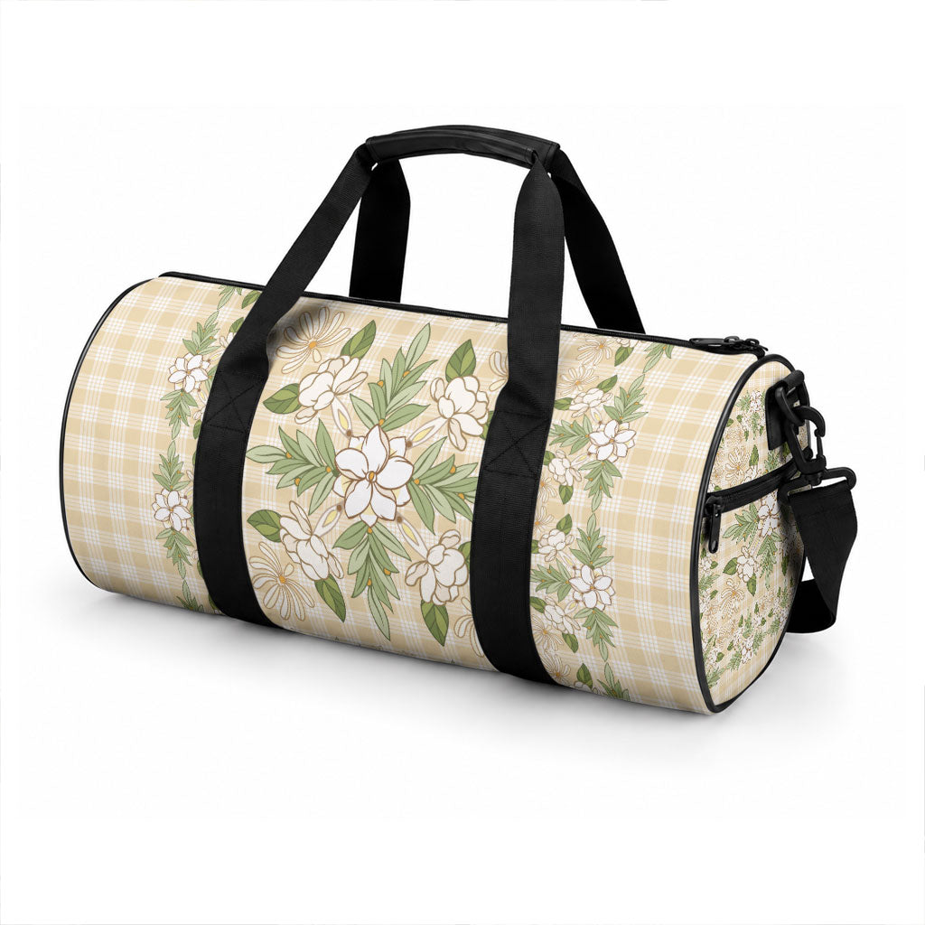 Squares Maile Leaf Duffle Bag Beige Palaka Hawaiian Quilt Pattern LT9 - Polynesian Pride