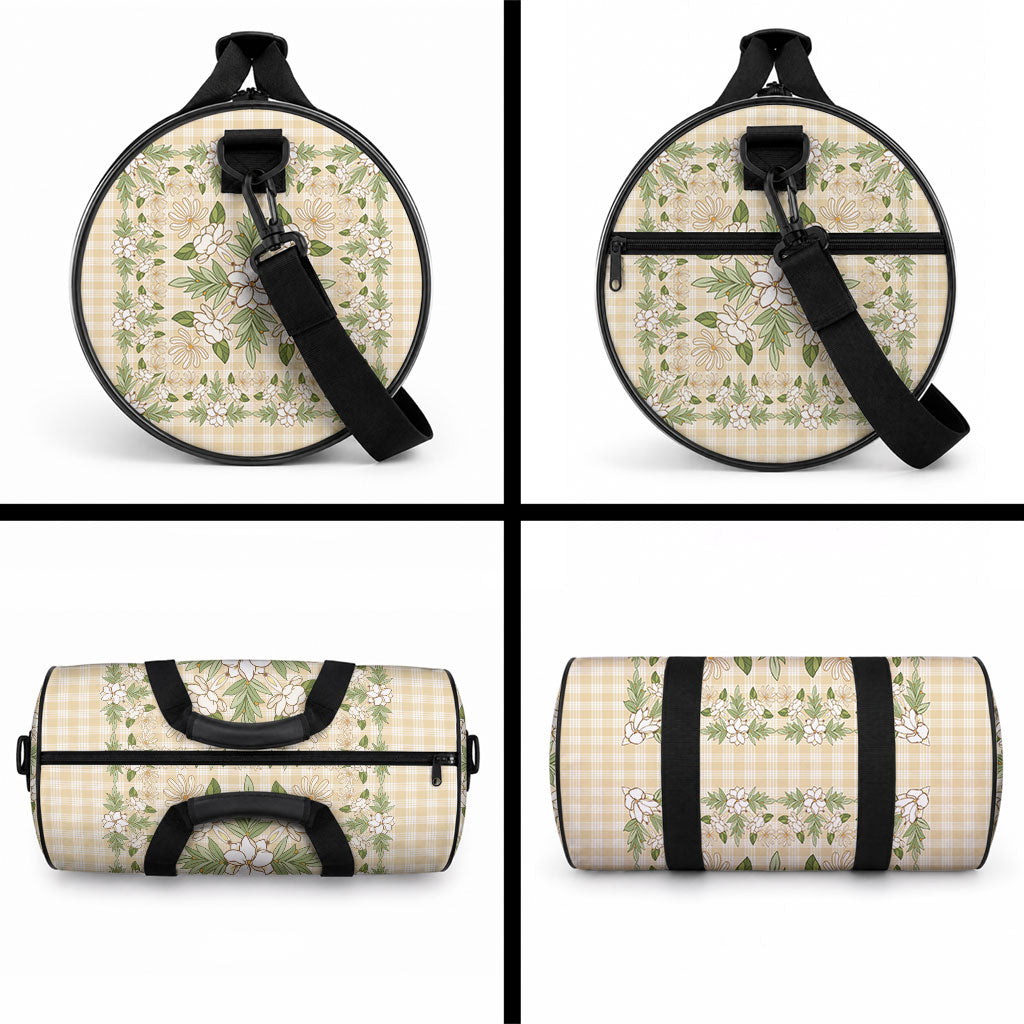 Squares Maile Leaf Duffle Bag Beige Palaka Hawaiian Quilt Pattern LT9 - Polynesian Pride