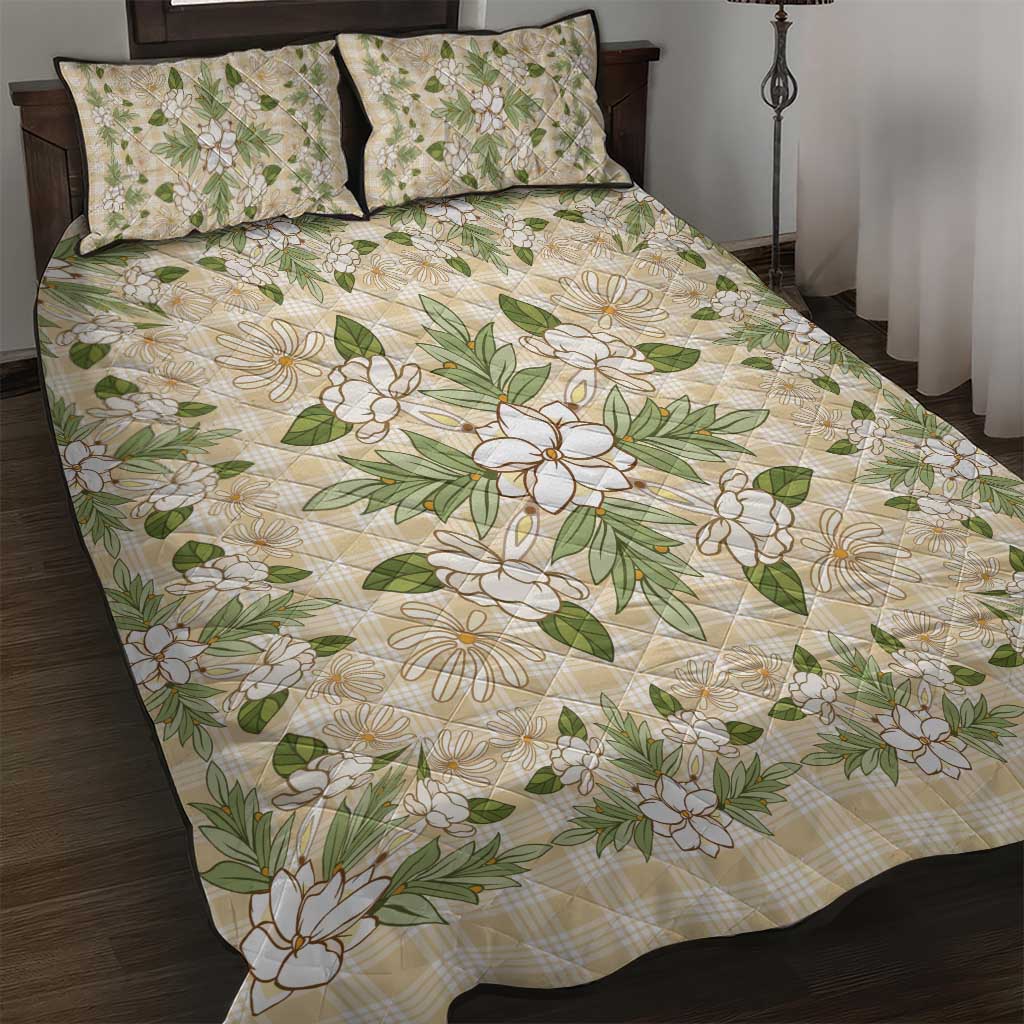 Squares Maile Leaf Quilt Bed Set Beige Palaka Hawaiian Quilt Pattern - Polynesian Pride