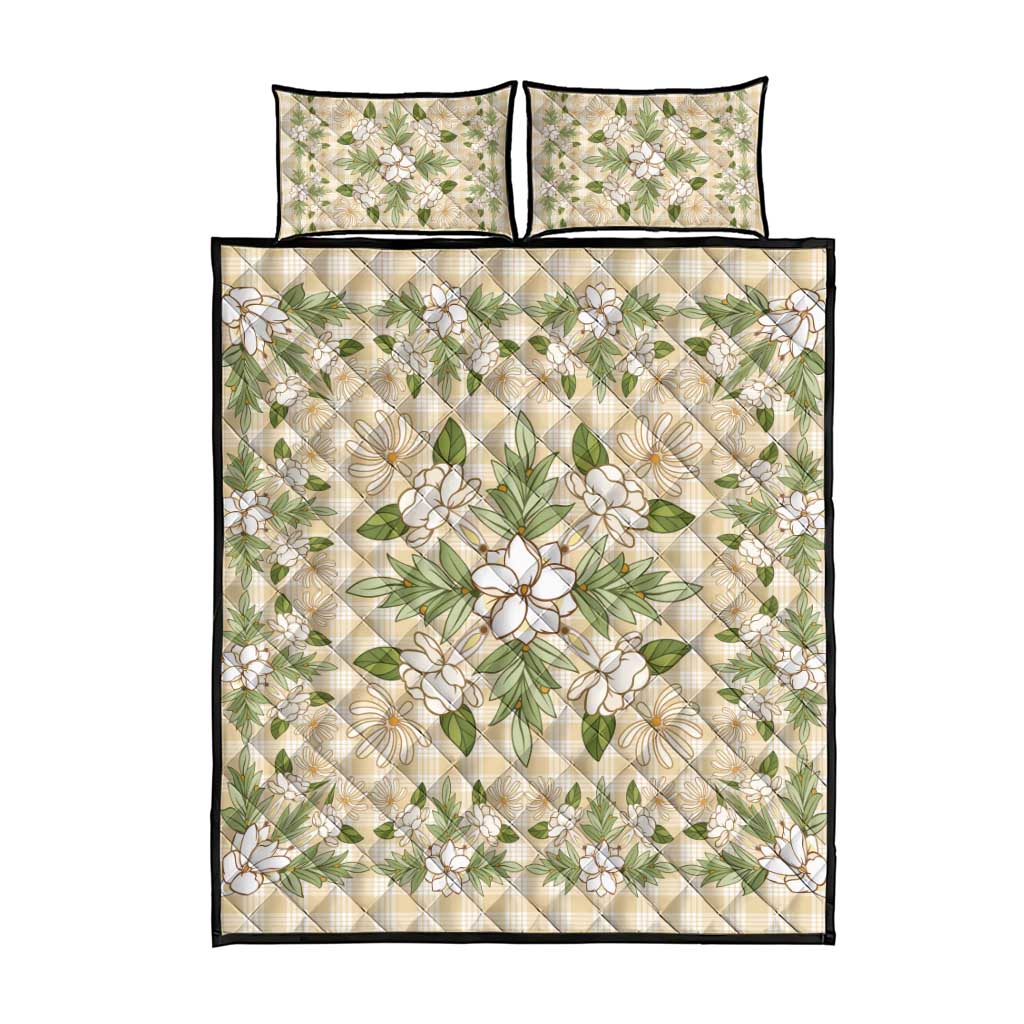 Squares Maile Leaf Quilt Bed Set Beige Palaka Hawaiian Quilt Pattern - Polynesian Pride