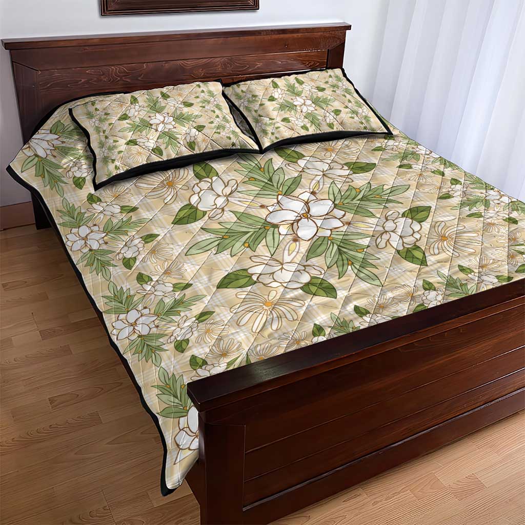 Squares Maile Leaf Quilt Bed Set Beige Palaka Hawaiian Quilt Pattern - Polynesian Pride