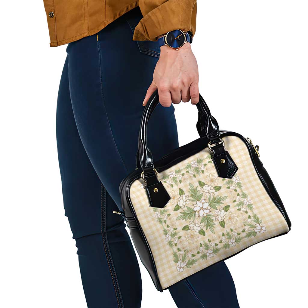 Squares Maile Leaf Shoulder Handbag Beige Palaka Hawaiian Quilt Pattern LT9 - Polynesian Pride