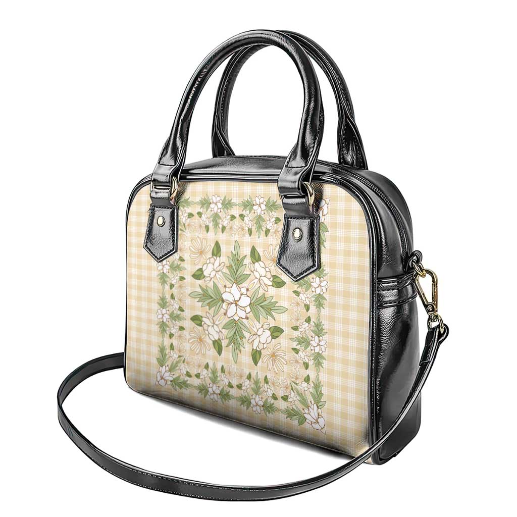 Squares Maile Leaf Shoulder Handbag Beige Palaka Hawaiian Quilt Pattern LT9 - Polynesian Pride
