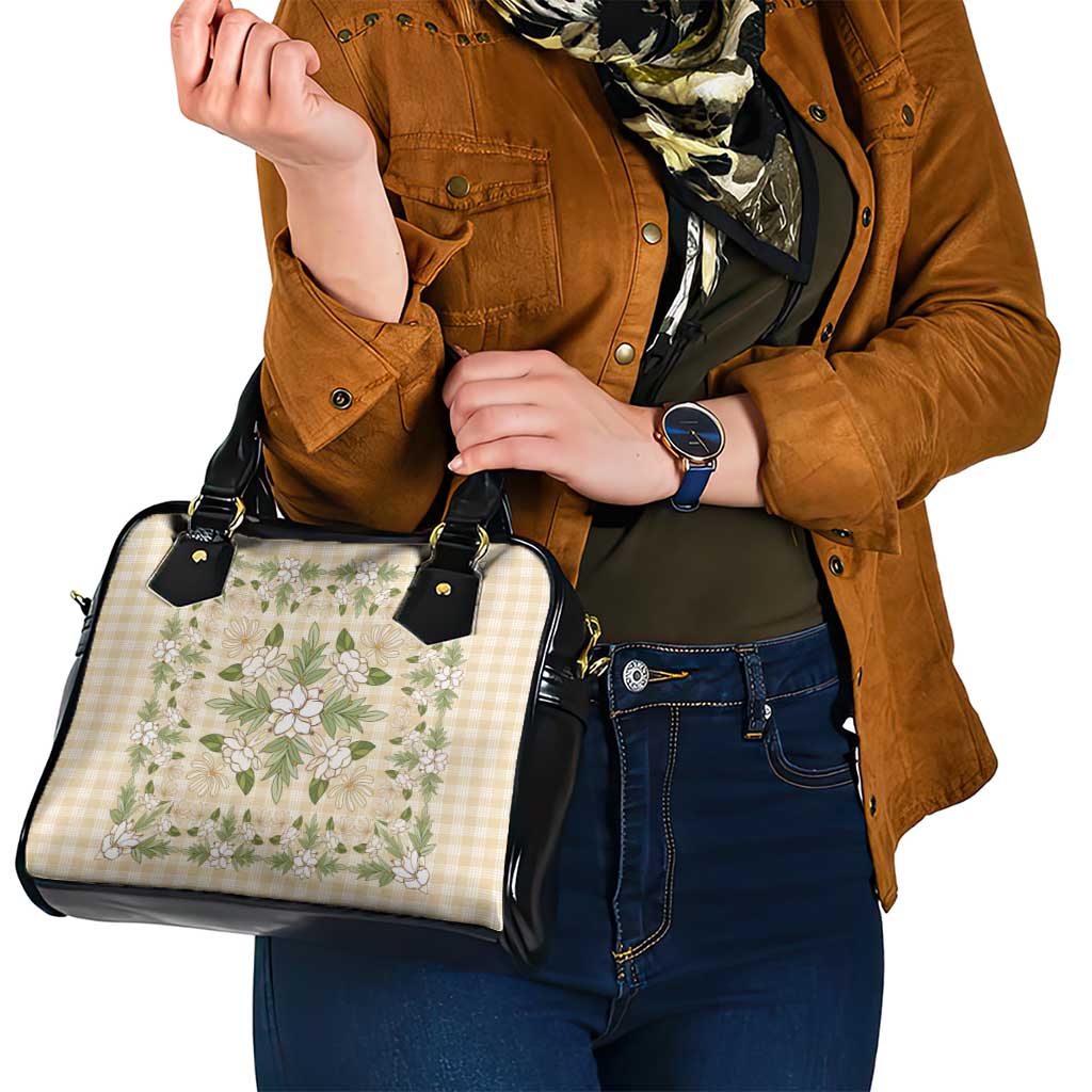 Squares Maile Leaf Shoulder Handbag Beige Palaka Hawaiian Quilt Pattern LT9 - Polynesian Pride