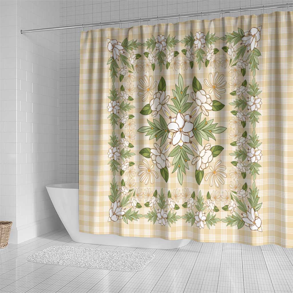 Squares Maile Leaf Shower Curtain Beige Palaka Hawaiian Quilt Pattern LT9 - Polynesian Pride