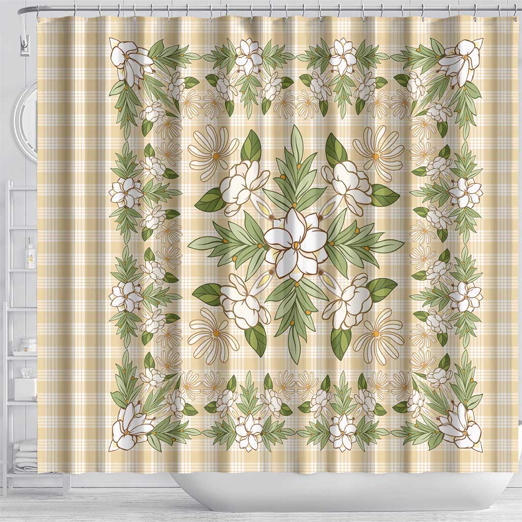 Squares Maile Leaf Shower Curtain Beige Palaka Hawaiian Quilt Pattern LT9 - Polynesian Pride