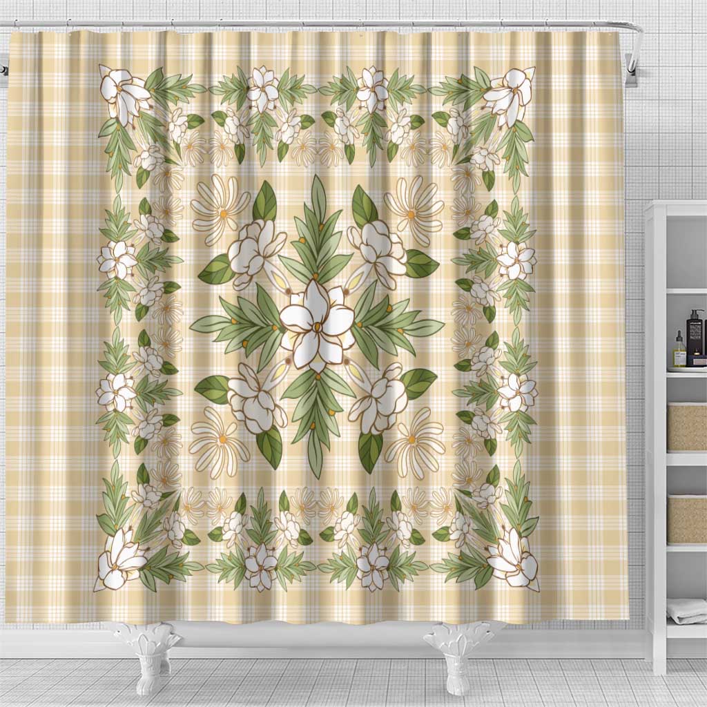 Squares Maile Leaf Shower Curtain Beige Palaka Hawaiian Quilt Pattern LT9 - Polynesian Pride