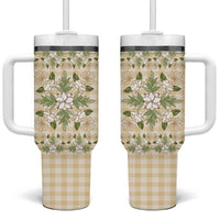 Squares Maile Leaf Tumbler With Handle Beige Palaka Hawaiian Quilt Pattern - Polynesian Pride