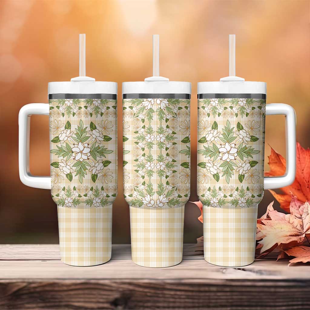 Squares Maile Leaf Tumbler With Handle Beige Palaka Hawaiian Quilt Pattern - Polynesian Pride