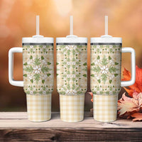 Squares Maile Leaf Tumbler With Handle Beige Palaka Hawaiian Quilt Pattern - Polynesian Pride