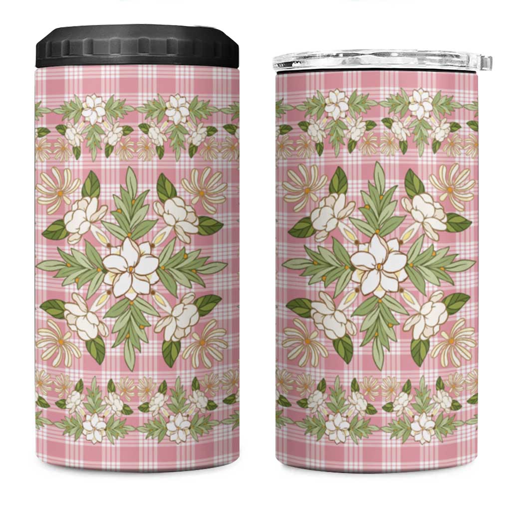 Squares Maile Leaf 4 in 1 Can Cooler Tumbler Pink Palaka Hawaiian Quilt Pattern - Polynesian Pride