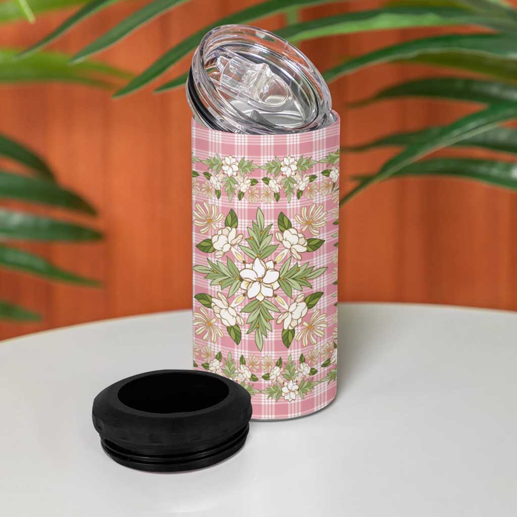 Squares Maile Leaf 4 in 1 Can Cooler Tumbler Pink Palaka Hawaiian Quilt Pattern - Polynesian Pride