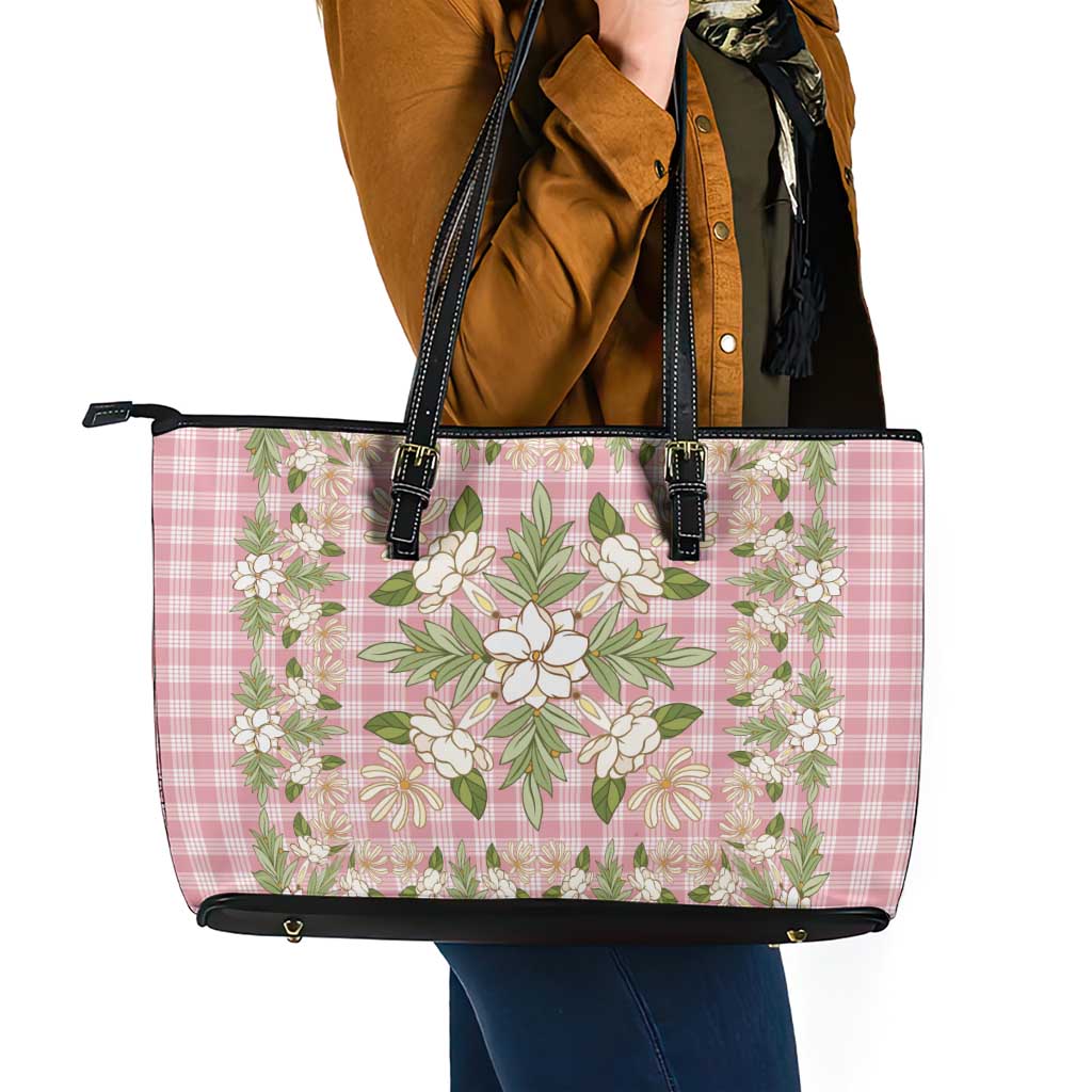 Squares Maile Leaf Leather Tote Bag Pink Palaka Hawaiian Quilt Pattern LT9 - Polynesian Pride