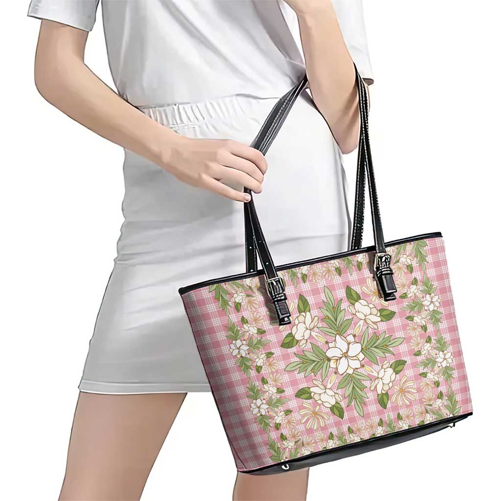 Squares Maile Leaf Leather Tote Bag Pink Palaka Hawaiian Quilt Pattern LT9 - Polynesian Pride