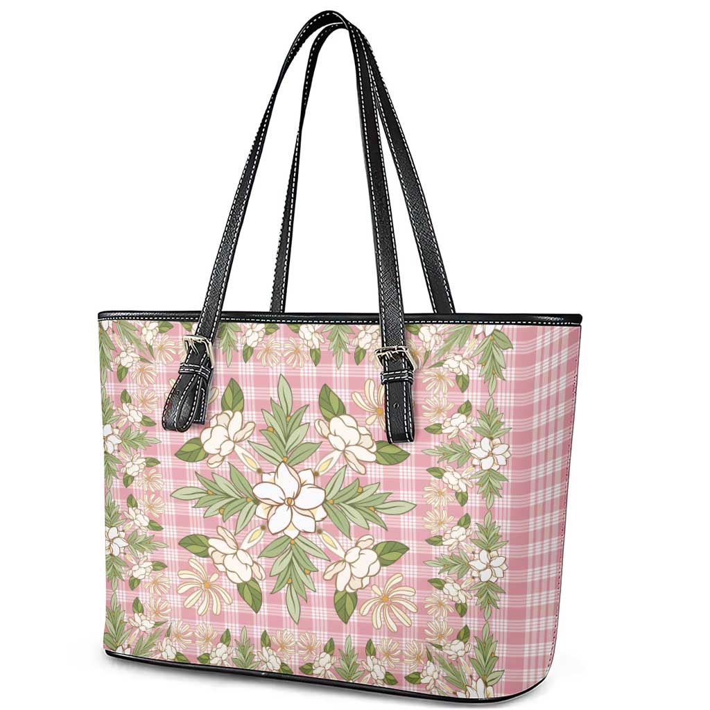 Squares Maile Leaf Leather Tote Bag Pink Palaka Hawaiian Quilt Pattern LT9 - Polynesian Pride