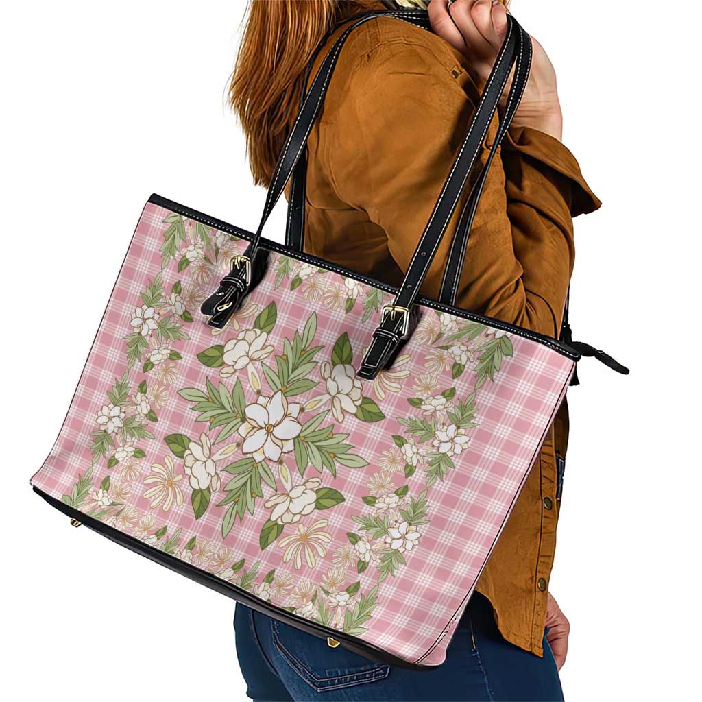 Squares Maile Leaf Leather Tote Bag Pink Palaka Hawaiian Quilt Pattern LT9 - Polynesian Pride