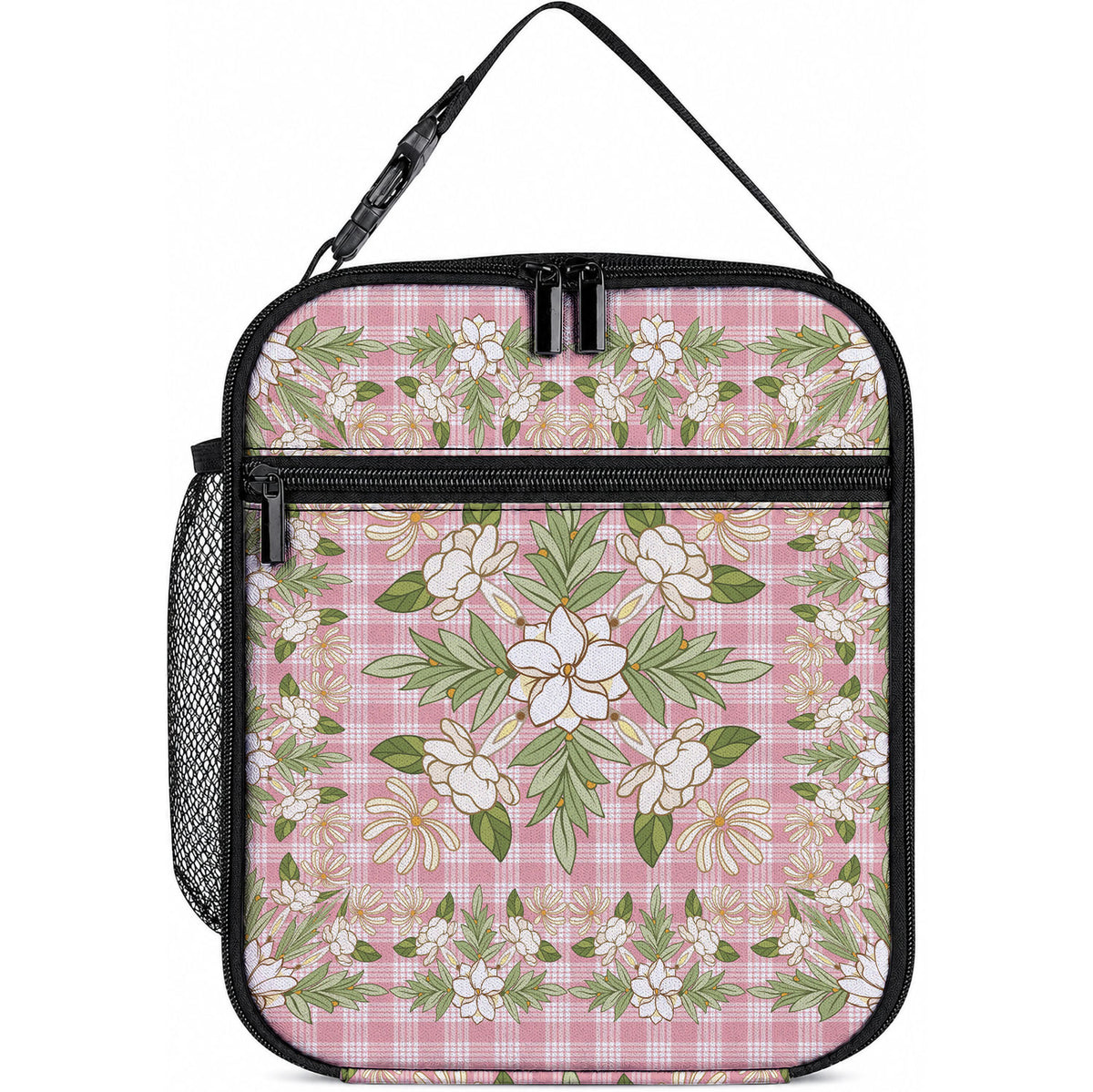 Squares Maile Leaf Lunch Bag Pink Palaka Hawaiian Quilt Pattern LT9 10.2 × 8.3 × 4.3 inch Pink - Polynesian Pride
