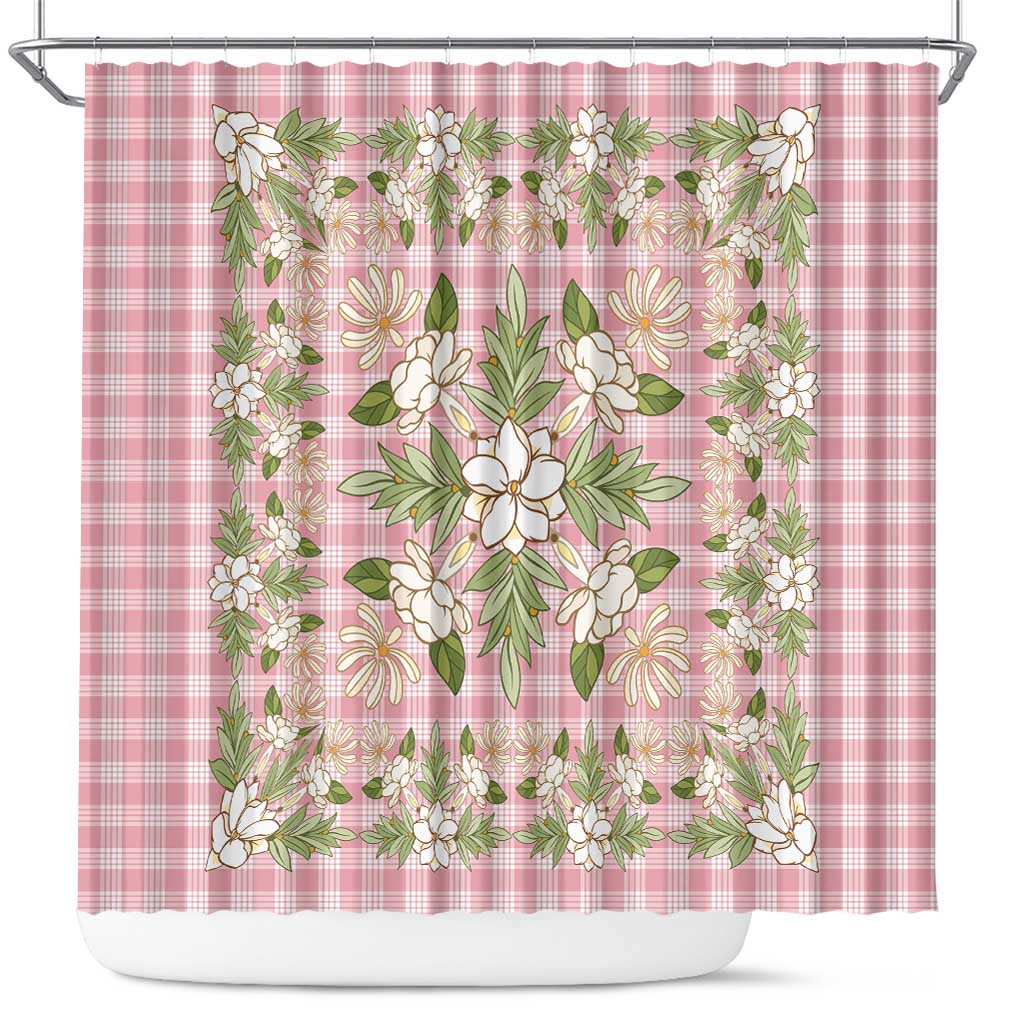 Squares Maile Leaf Shower Curtain Pink Palaka Hawaiian Quilt Pattern - Polynesian Pride