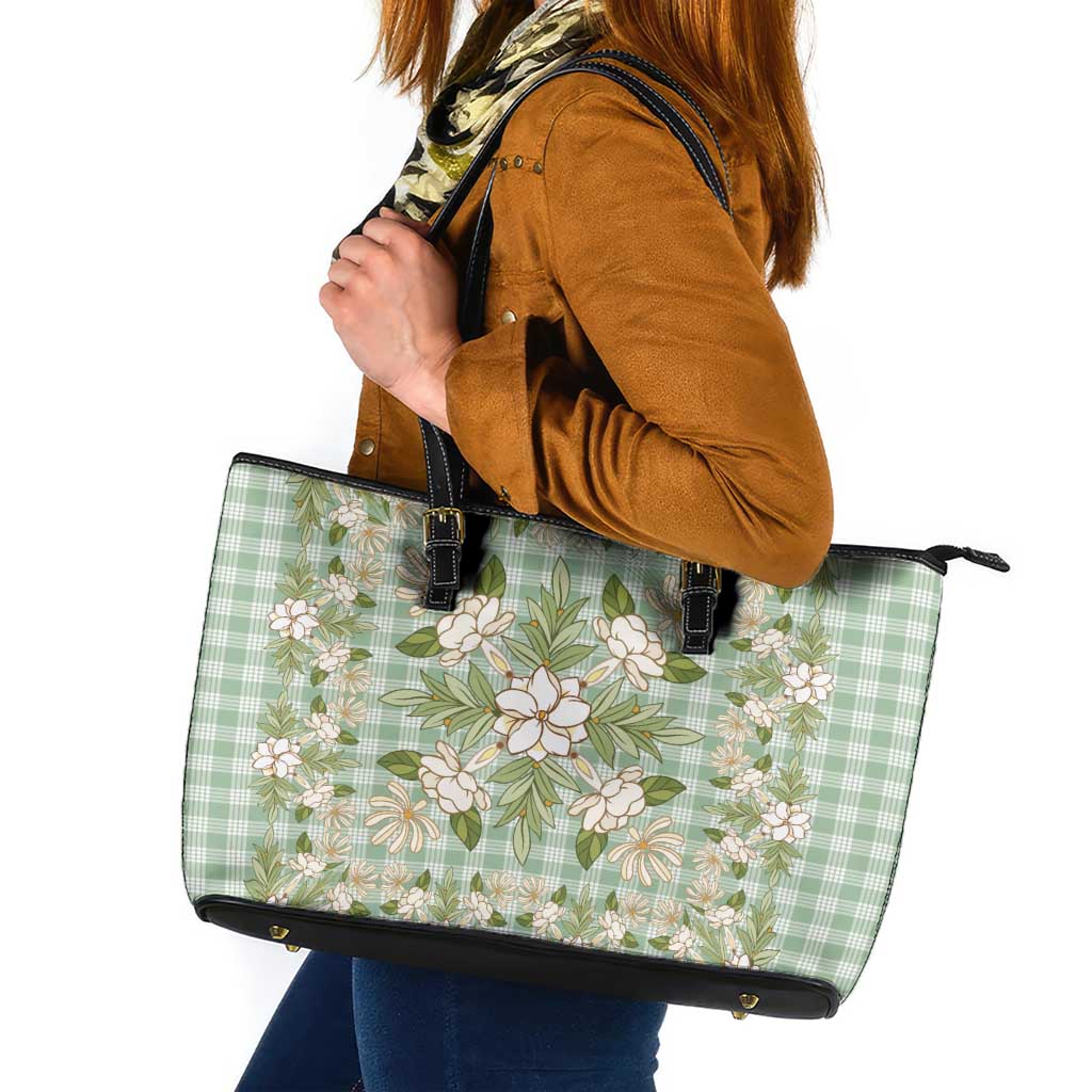 Squares Maile Leaf Leather Tote Bag Turquoise Palaka Hawaiian Quilt Pattern LT9 Turquoise - Polynesian Pride
