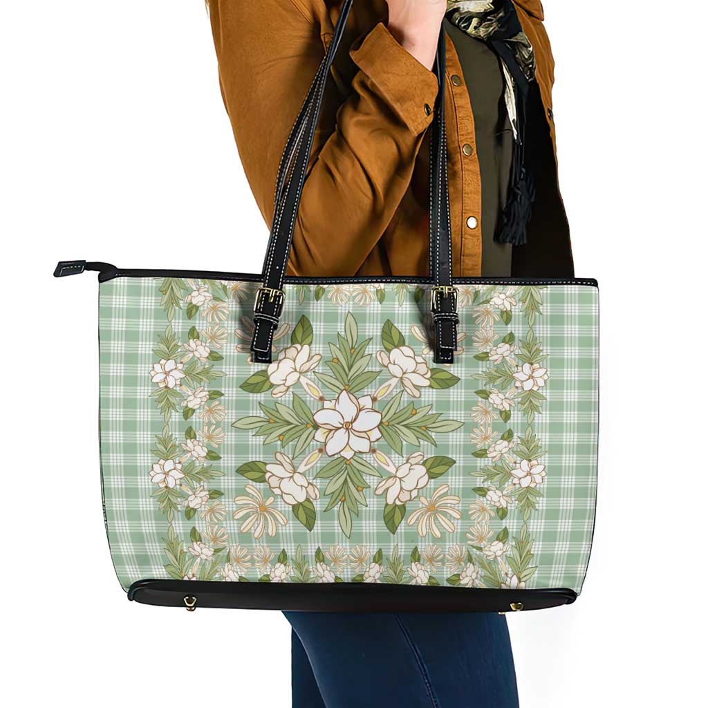 Squares Maile Leaf Leather Tote Bag Turquoise Palaka Hawaiian Quilt Pattern LT9 - Polynesian Pride