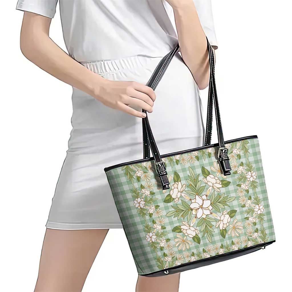 Squares Maile Leaf Leather Tote Bag Turquoise Palaka Hawaiian Quilt Pattern LT9 - Polynesian Pride