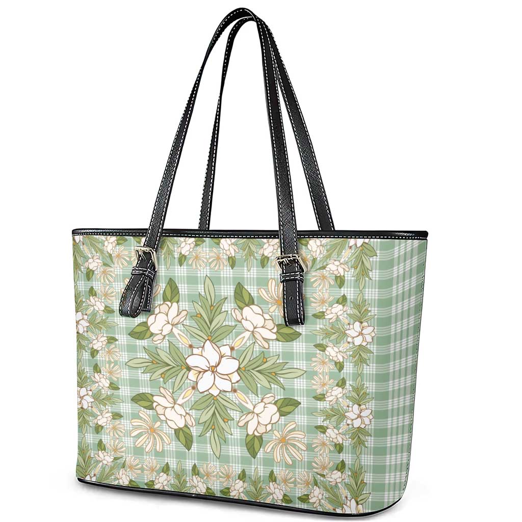 Squares Maile Leaf Leather Tote Bag Turquoise Palaka Hawaiian Quilt Pattern LT9 - Polynesian Pride