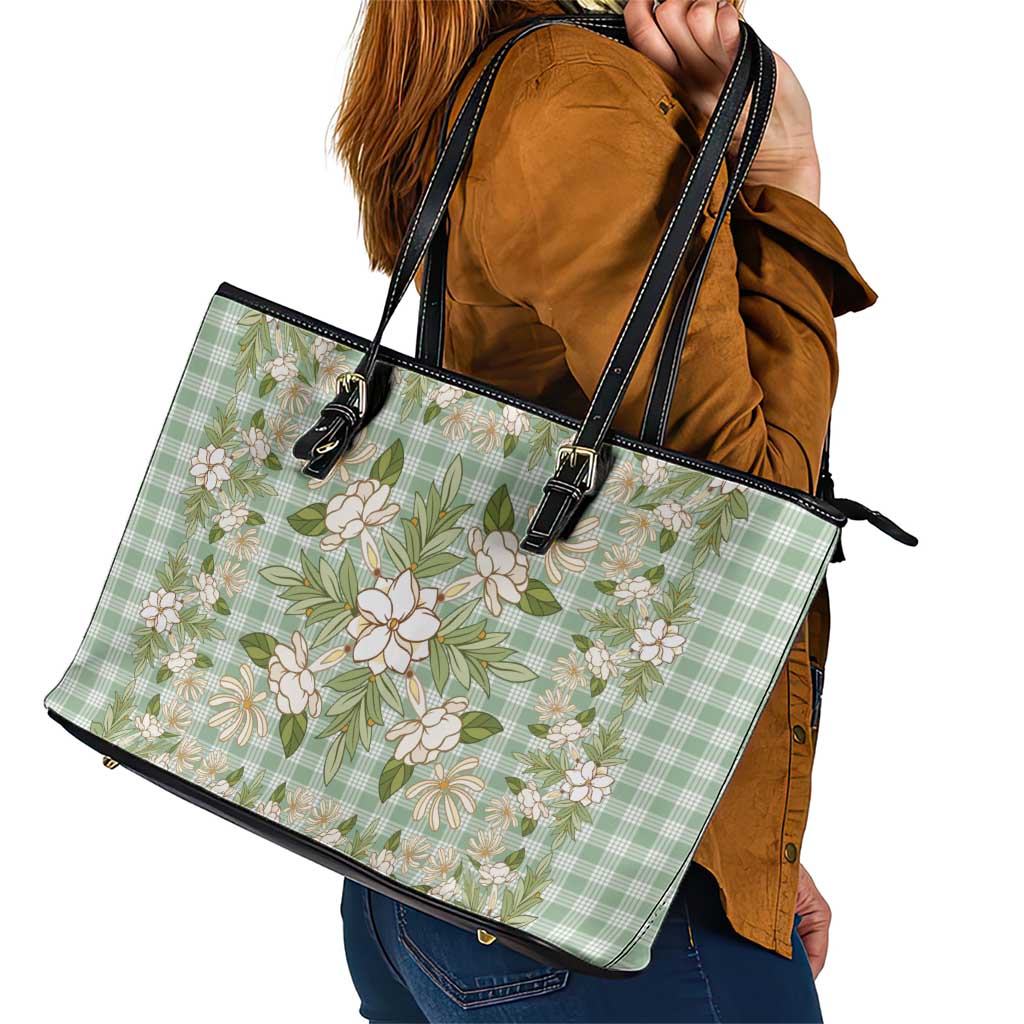 Squares Maile Leaf Leather Tote Bag Turquoise Palaka Hawaiian Quilt Pattern LT9 - Polynesian Pride