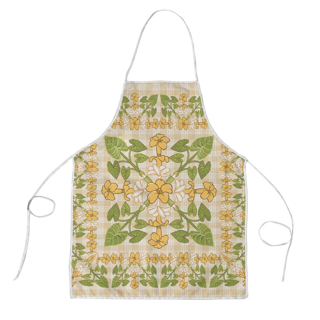 Squares Puakenikeni and Kalo Apron Beige Palaka Hawaiian Quilt Pattern - Polynesian Pride