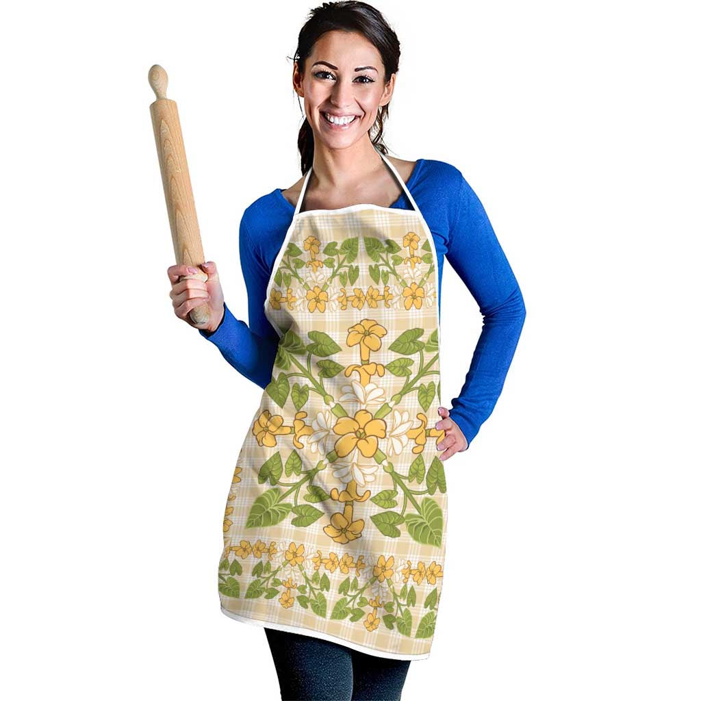 Squares Puakenikeni and Kalo Apron Beige Palaka Hawaiian Quilt Pattern - Polynesian Pride