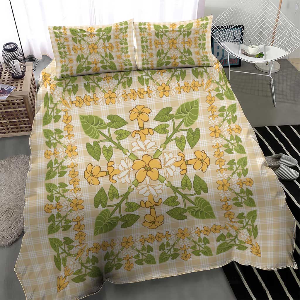 Squares Puakenikeni and Kalo Bedding Set Beige Palaka Hawaiian Quilt Pattern - Polynesian Pride