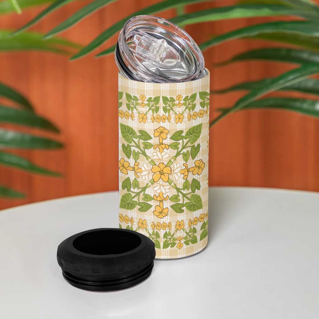 Squares Puakenikeni and Kalo 4 in 1 Can Cooler Tumbler Beige Palaka Hawaiian Quilt Pattern - Polynesian Pride