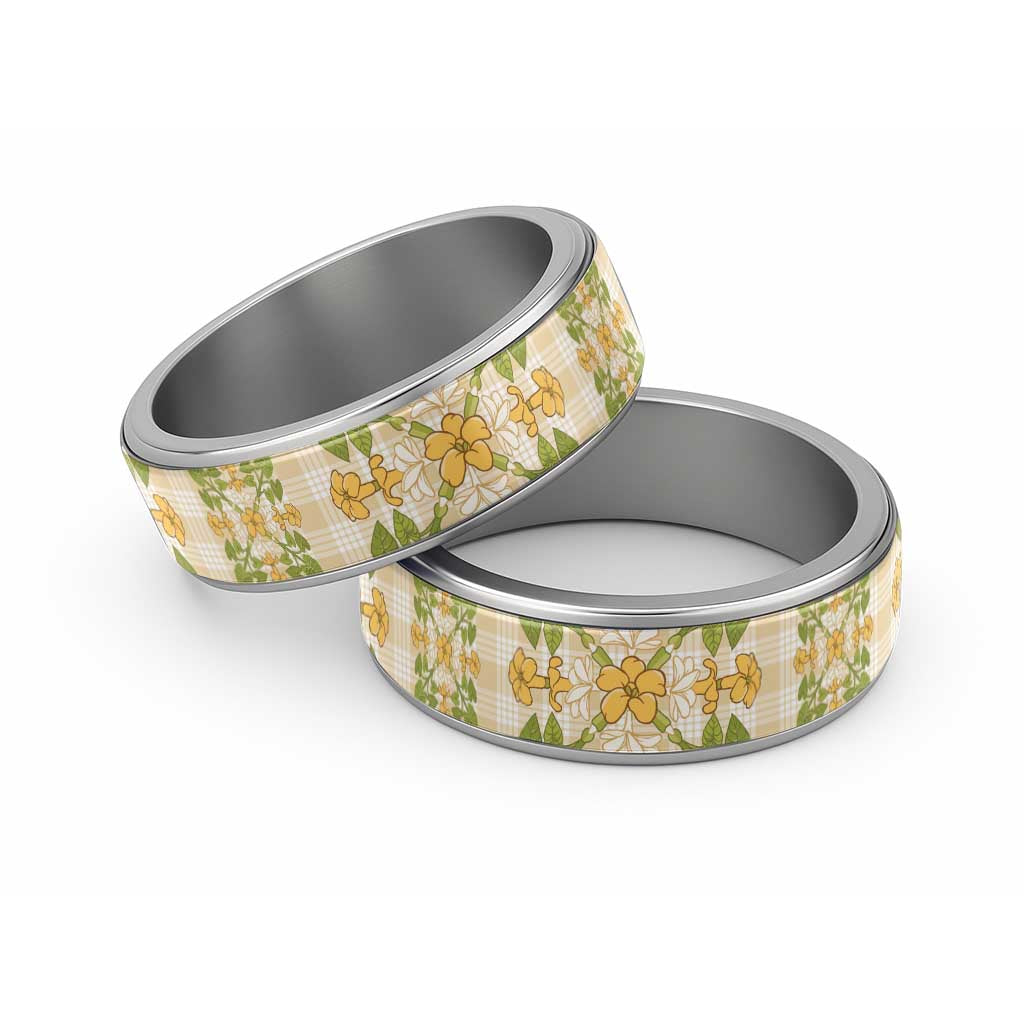 Squares Puakenikeni and Kalo Classic Ring Beige Palaka Hawaiian Quilt Pattern - Polynesian Pride