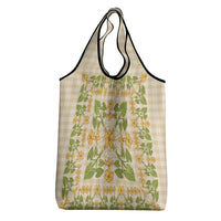 Squares Puakenikeni and Kalo Grocery Bag Beige Palaka Hawaiian Quilt Pattern - Polynesian Pride
