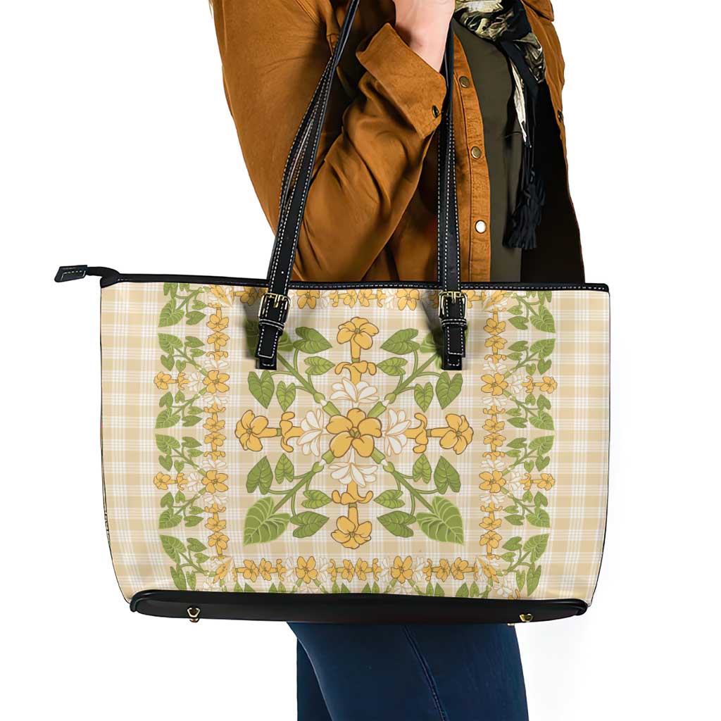 Squares Puakenikeni and Kalo Leather Tote Bag Beige Palaka Hawaiian Quilt Pattern - Polynesian Pride