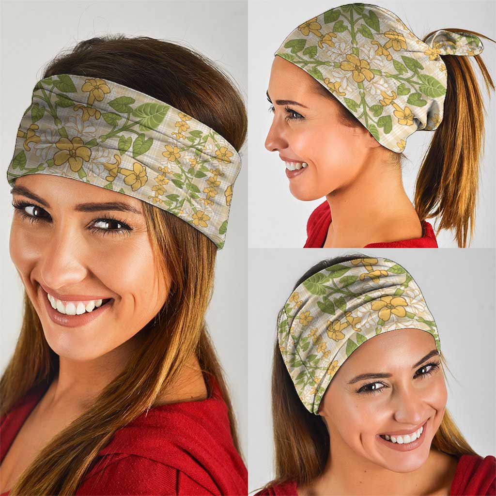Squares Puakenikeni and Kalo Neck Gaiter Beige Palaka Hawaiian Quilt Pattern - Polynesian Pride