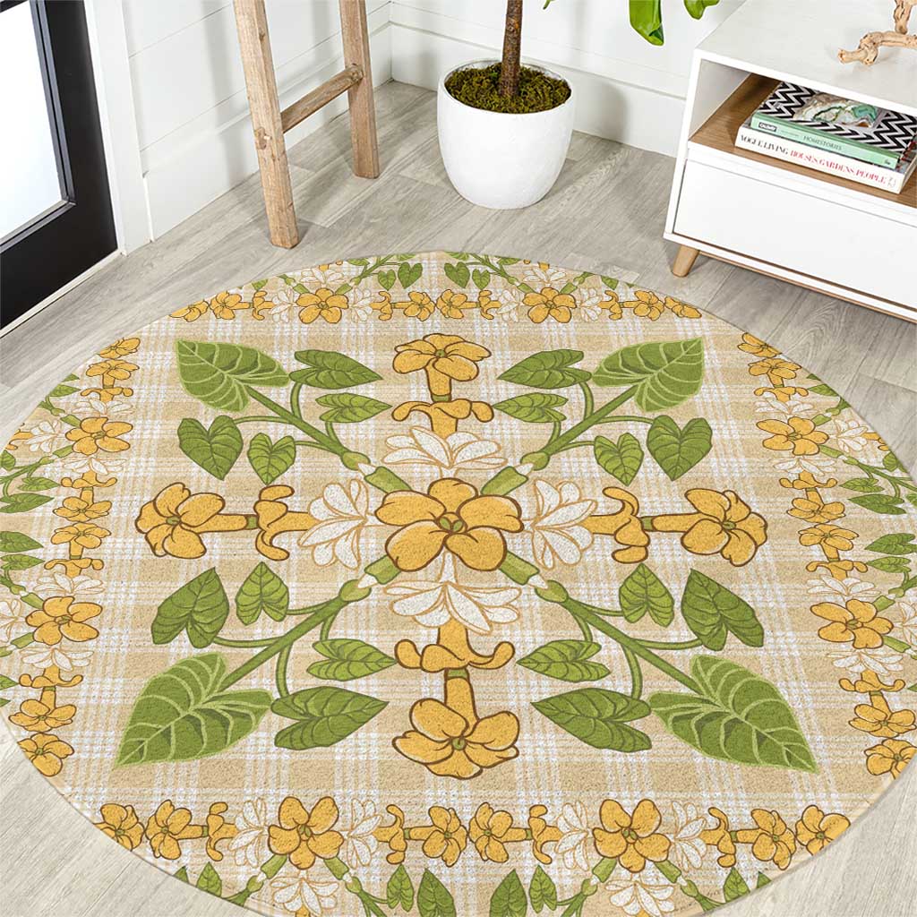Squares Puakenikeni and Kalo Round Carpet Beige Palaka Hawaiian Quilt Pattern - Polynesian Pride