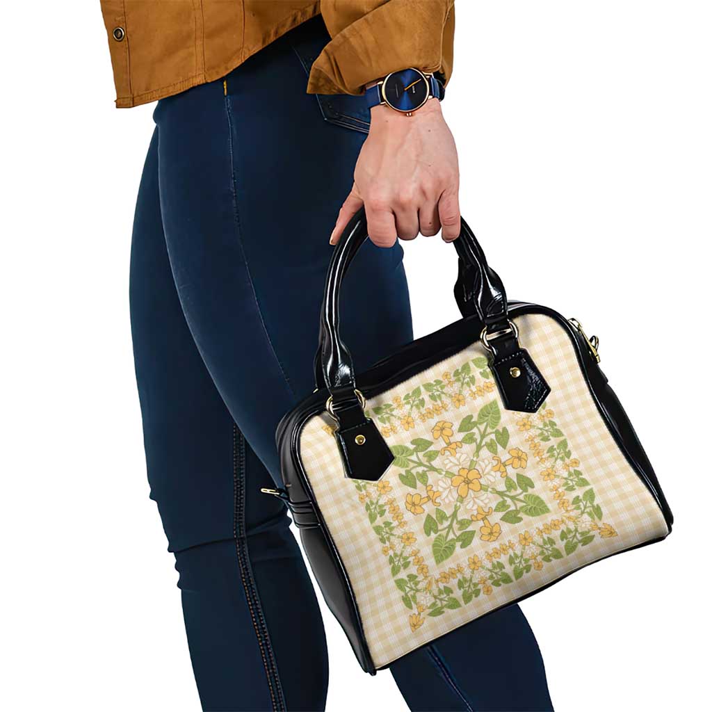 Squares Puakenikeni and Kalo Shoulder Handbag Beige Palaka Hawaiian Quilt Pattern - Polynesian Pride